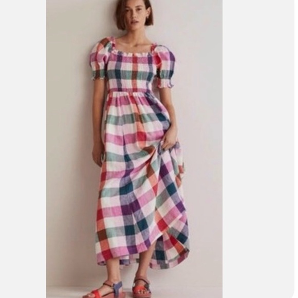 Boden Linen Gingham Smocked Midi Dress Puff Sleeve Colorful cottage core Size 12 - Picture 4 of 4